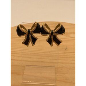 Vintage Kenneth Jay Lane KJL For Avon Black Enamel & Gold-Tone Bow Post Earrings